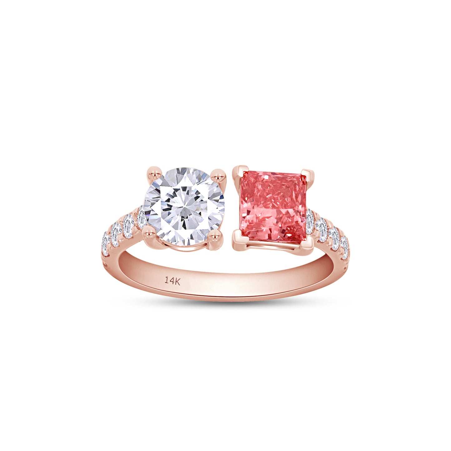 Pink Princess & White Round Cut EGL Certified Lab Grown Diamond Adjustable Half-Eternity Toi Et Moi Engagement Ring In 10K Or 14K Solid Gold