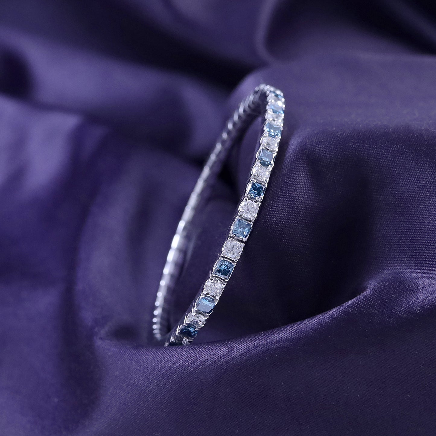 Princess Blue And White Round Cut IGI Certified Lab Grown Diamond 3MM Stretchable Tennis Bracelet In 10K Or 14K Solid Gold