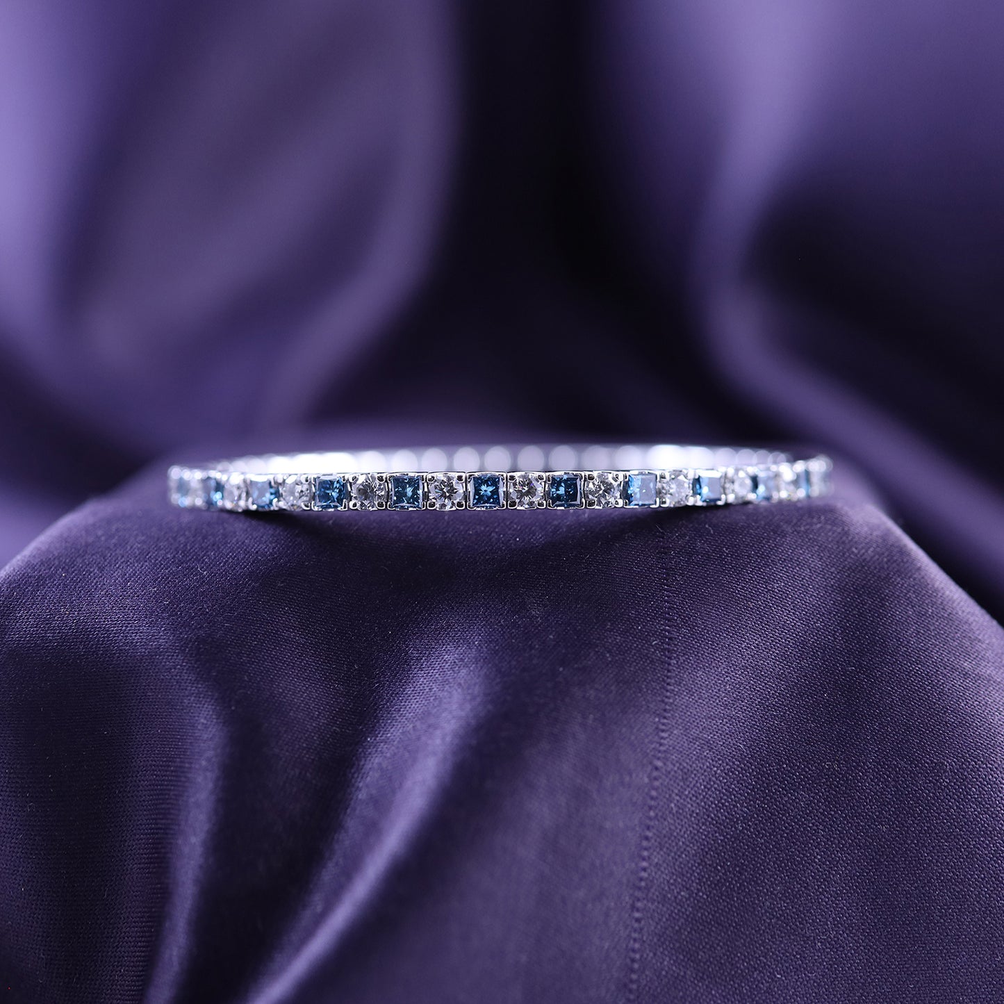 Princess Blue And White Round Cut IGI Certified Lab Grown Diamond 3MM Stretchable Tennis Bracelet In 10K Or 14K Solid Gold