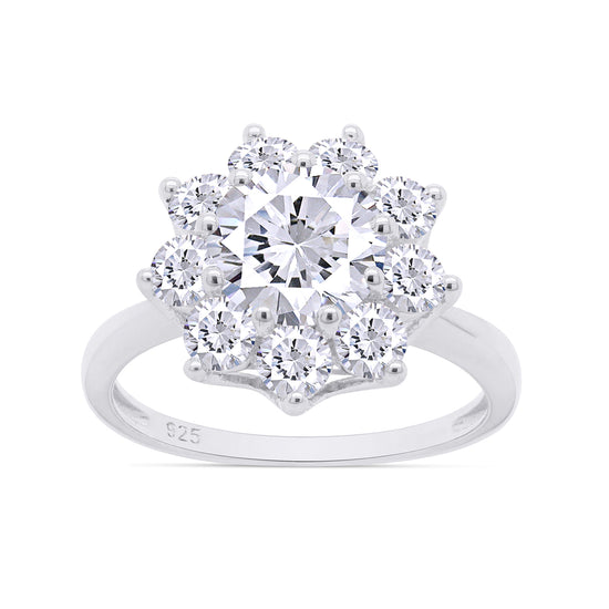 7MM Round Sparkling White Cubic Zirconia Halo Flower Engagement Ring In 925 Sterling Silver