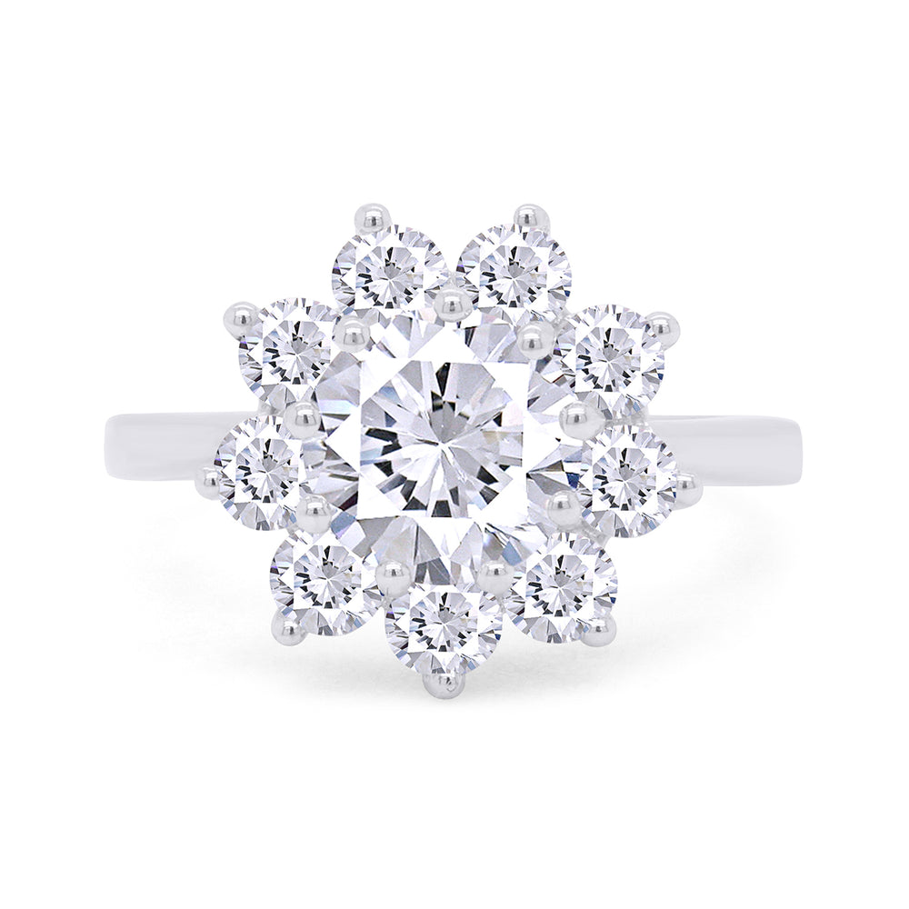 7MM Center Round Cut Sparkling White Cubic Zirconia Halo Flower Engagement Ring In 925 Sterling Silver