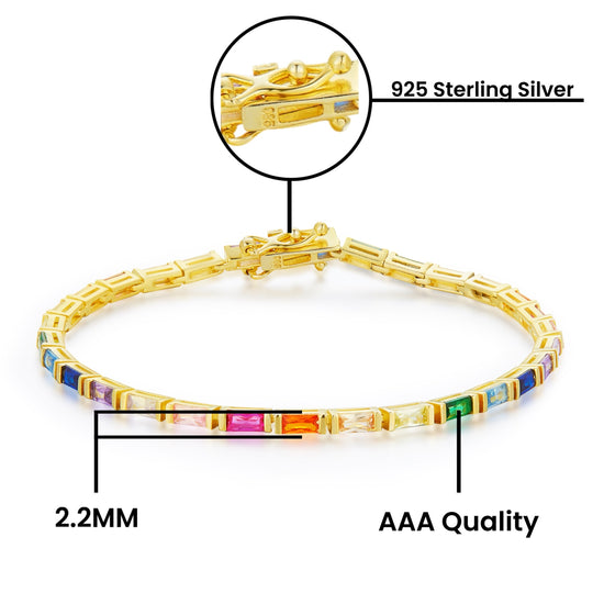 14k White Gold Plated 925 Sterling Silver Colourful Rainbow Baguette Sparkling Multi Color Gemstone Tennis Bracelet Gift For Her