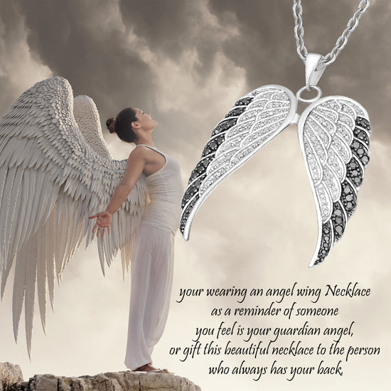 1/2 Carat Round Cut White & Enhanced Black Natural Diamond Angel Wings Pendant Necklace 925 Sterling Silver (0.50 Cttw)
