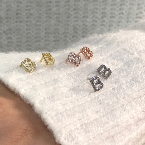 Round White Cubic Zirconia Alphabet A, B, C Letter Initial Stud Earrings In 925 Sterling Silver