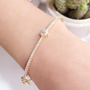 Heart & Round White Cubic Zirconia Tennis Bangle Bracelet For Women In 925 Sterling Silver