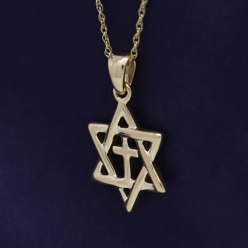 Jewish Star of David with Cross Pendant Necklace Sterling Silver