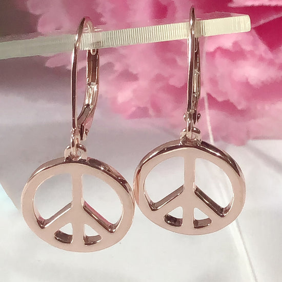 Glossy Peace Sign Lever Back Dangle Earrings for Women in 925 Sterling Silver
