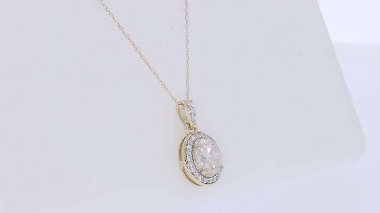 Load and play video in Gallery viewer, 1 1/2 Carat 6X8MM Oval &amp;amp; Round Lab Created Moissanite Diamond Halo Pendant Necklace in 10K or 14K Solid Gold For Women (1.50 Cttw)
