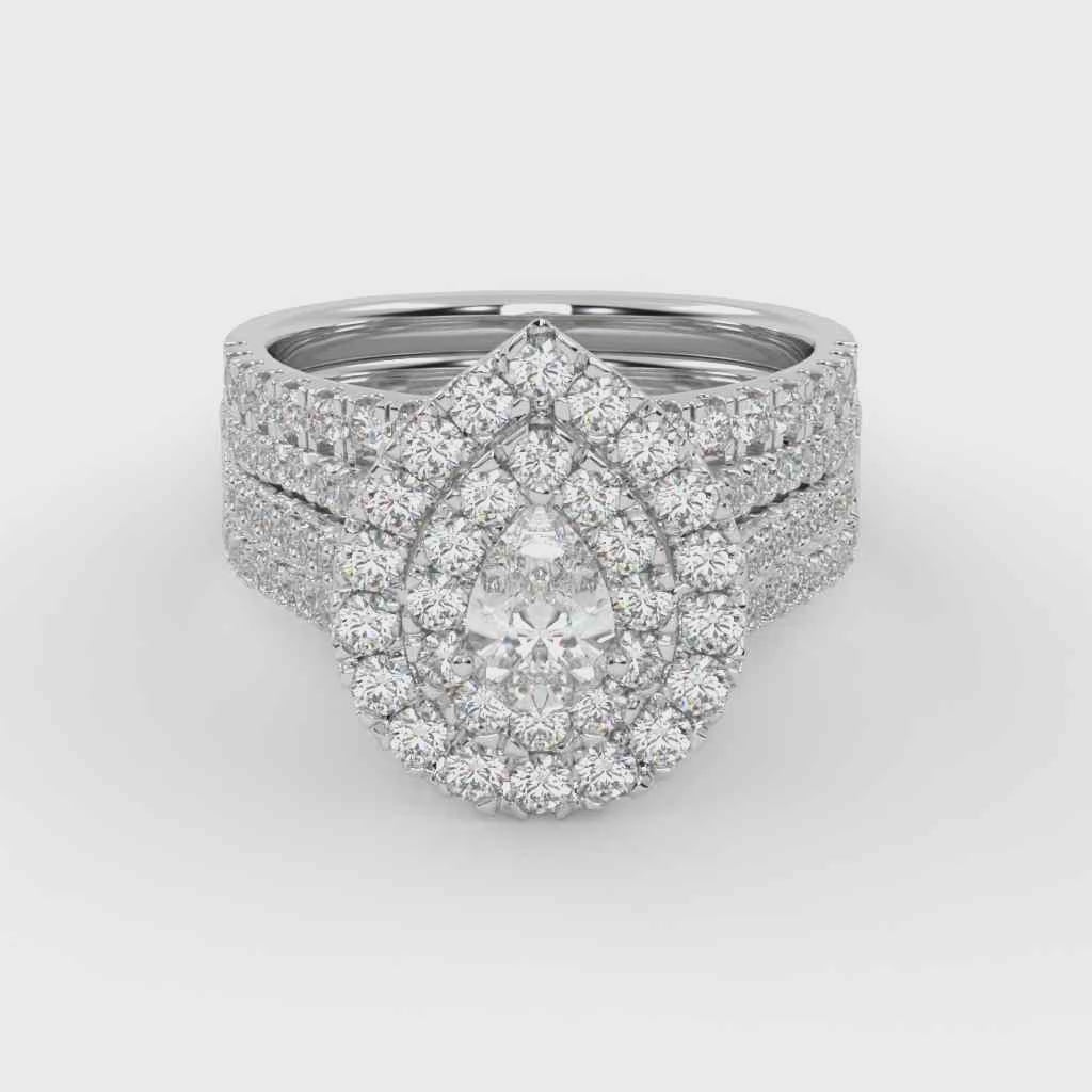 IGI Certified Pear Shape Double Halo Teardrop Bridal Set Ring