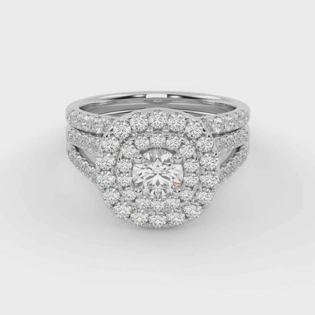 IGI Certified Round Shape Split Shank Double Halo Bridal Set Ring