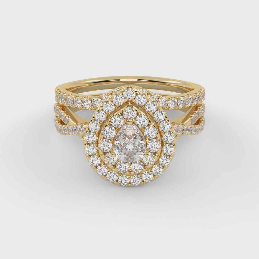 IGI Certified Pear Cut Split Shank Infinity Twisted Double Halo Bridal Set Ring