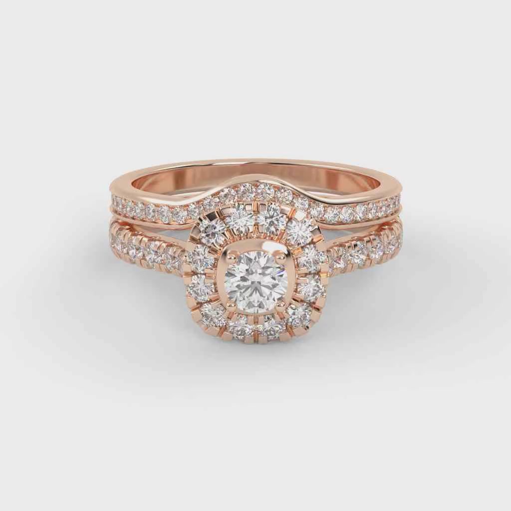 IGI Certified Round Shape Half Eternity Halo Solitaire Bridal Set Ring