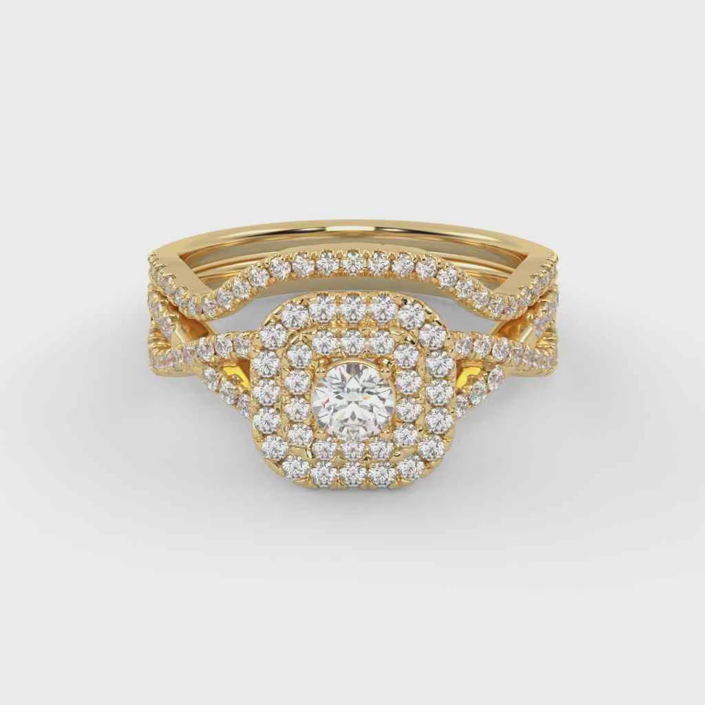 Round Cut 0.90 Carat Lab Grown Diamond Twisted Infinity Halo Solitaire Bridal Set Ring