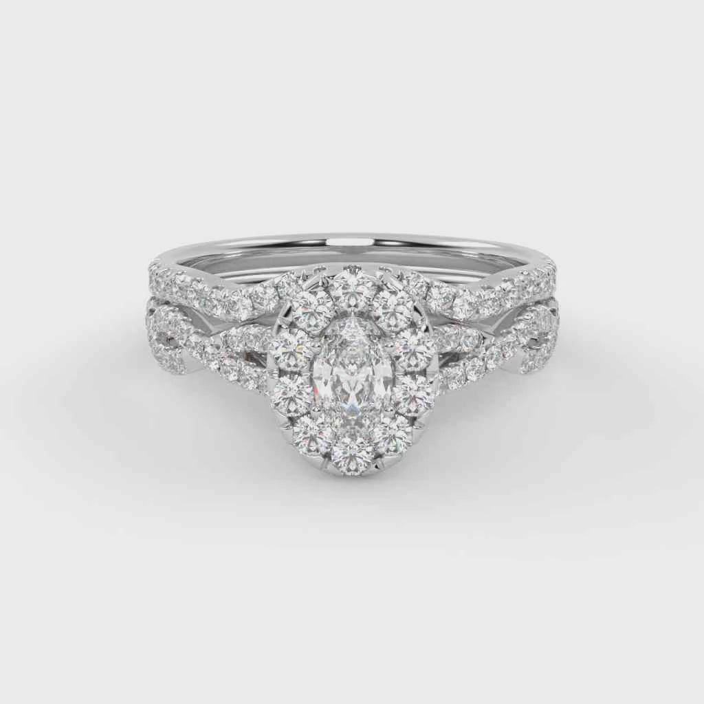 Oval Cut 1.00 Carat Lab Grown Diamond Twisted Infinity Halo Solitaire Bridal Set Ring