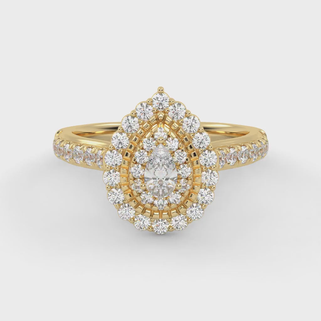 IGI Certified Pear and Round 0.90 Carat Lab Grown Diamond Double Halo Engagement Ring