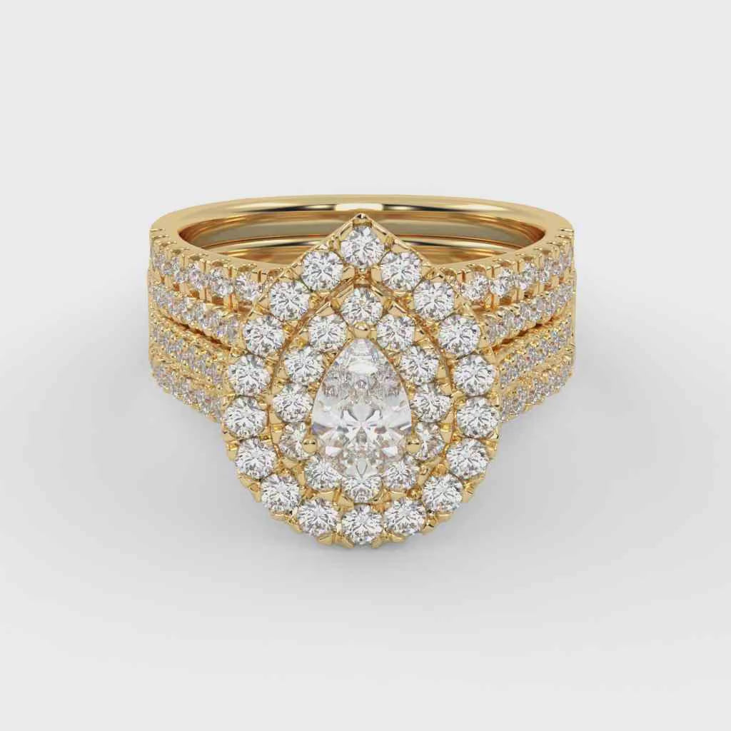 IGI Certified Pear Shape Double Halo Teardrop Bridal Set Ring