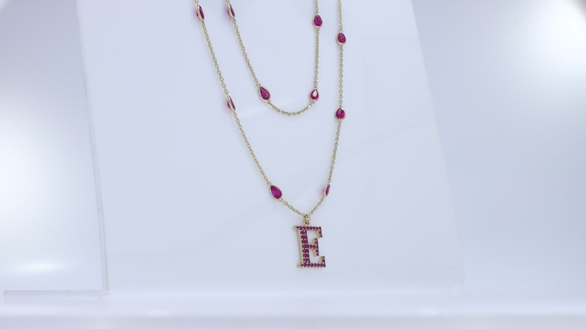 Personalized Initial Letter " E " Station Necklace In Ruby Lab Grown Gemstone