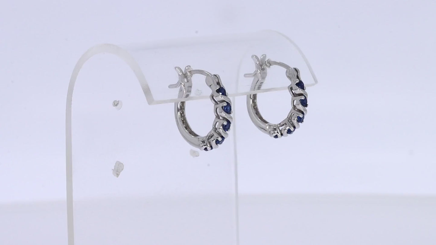 Load and play video in Gallery viewer, Round Cut Simulated Blue Sapphire Dainty Tiny Hoop Earrings For Women In 925 Sterling Silver
