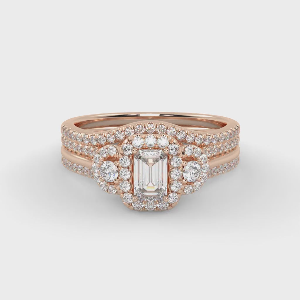 IGI Certified Three Stone Halo Bridal Set Ring