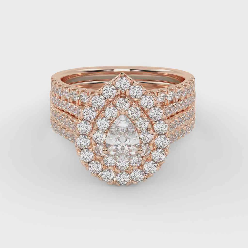 IGI Certified Pear Shape Double Halo Teardrop Bridal Set Ring