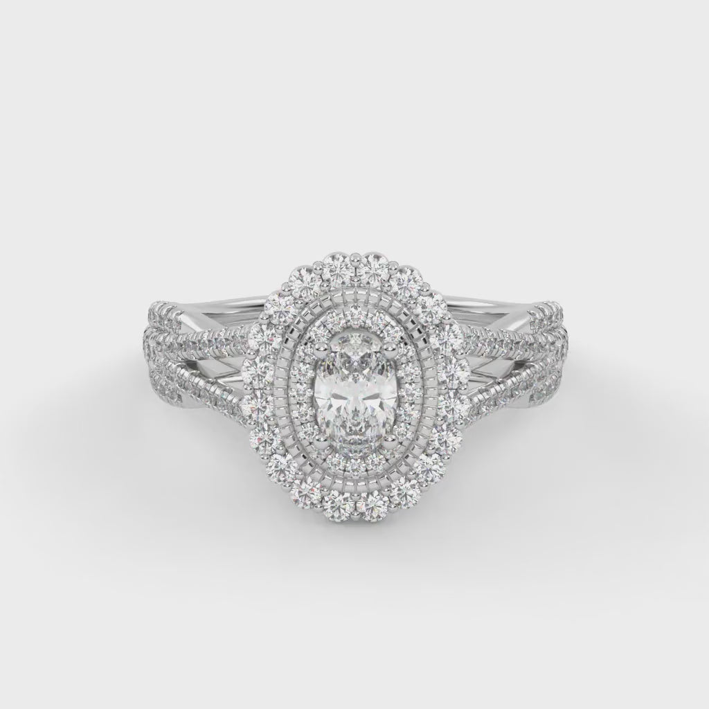 IGI Certified 1.00 Carat Oval & Round Twisted Shank Double Halo Ring
