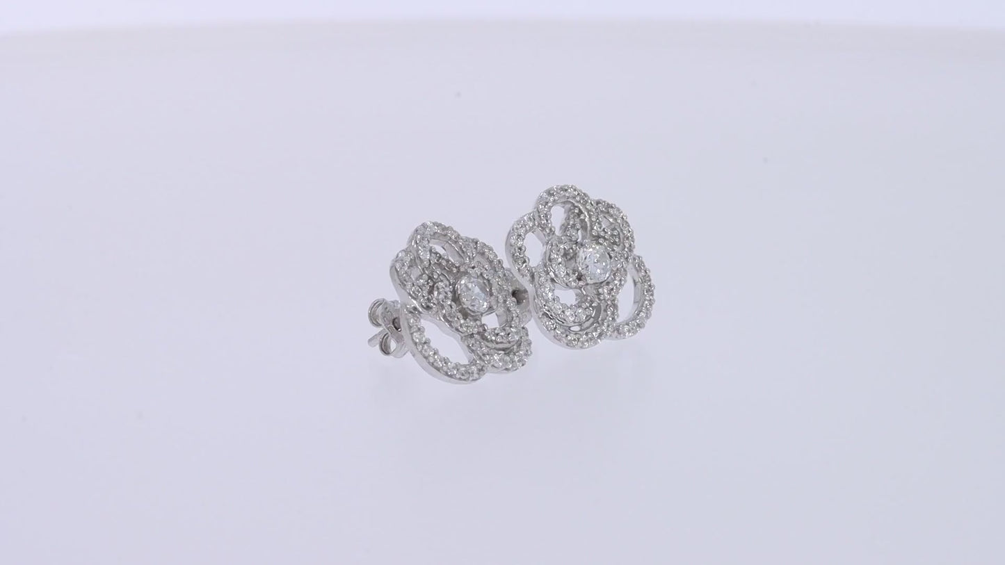 Round Cut Cubic Zirconia Open Rose Flower Stud Earrings for Women in 925 Sterling Silver With Push Back