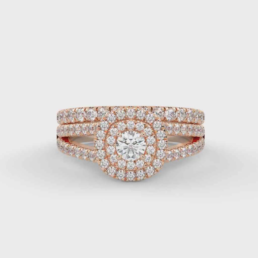 IGI Certified Double Halo Split Shank Bridal Ring Set