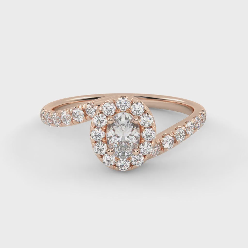 IGI Certified Oval and Round Cut 0.85 Carat Lab Grown Diamond Bypass Halo Solitaire Engagement Ring