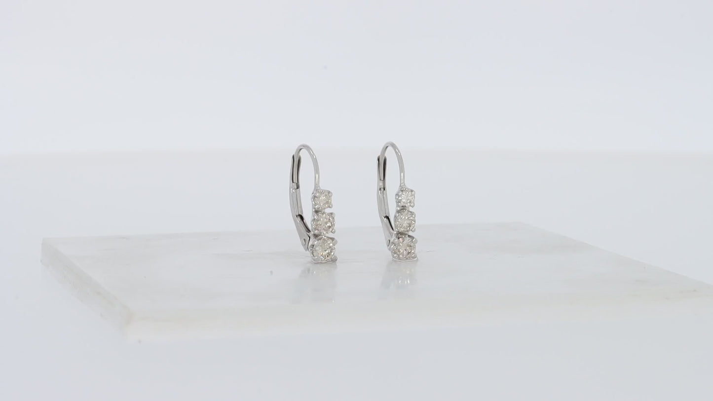 1/2 Carats Round Cut White Natural Diamond 3-Stone Lever Back Hoop Earrings in 14K Solid Gold