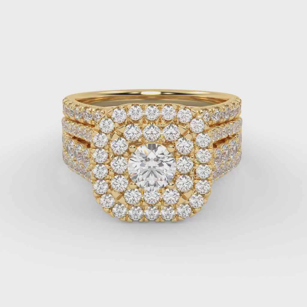 IGI Certified Lab Diamond 3 Row Double Halo Bridal Set Ring