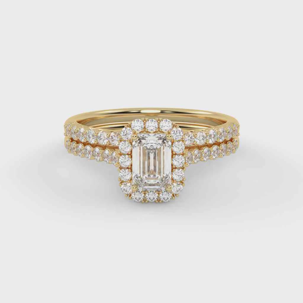 Emerald Cut 1.20 Carat Lab Grown Diamond Half Eternity Halo Solitaire Bridal Set Ring