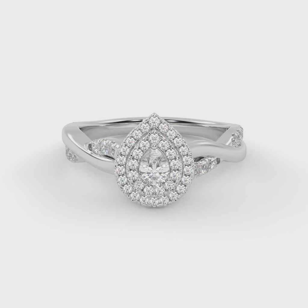 IGI Certified Pear Cut Twisted Teardrop Double Halo Engagement Ring