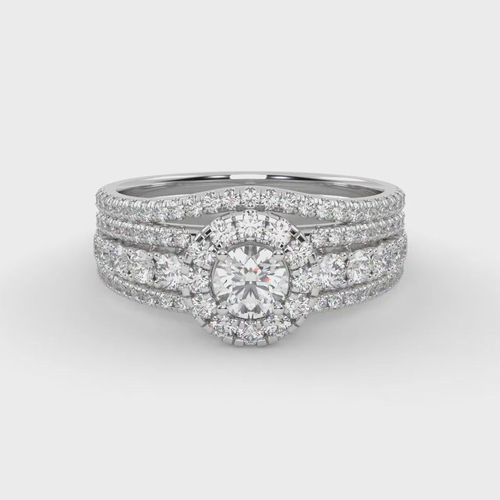 IGI Certified 1.00 Carat Halo Solitaire Cluster Bridal Set Ring