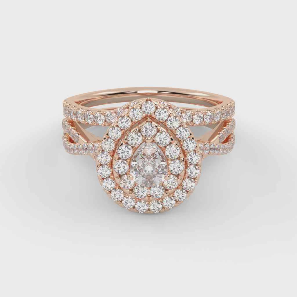 IGI Certified Pear Cut Split Shank Infinity Twisted Double Halo Bridal Set Ring