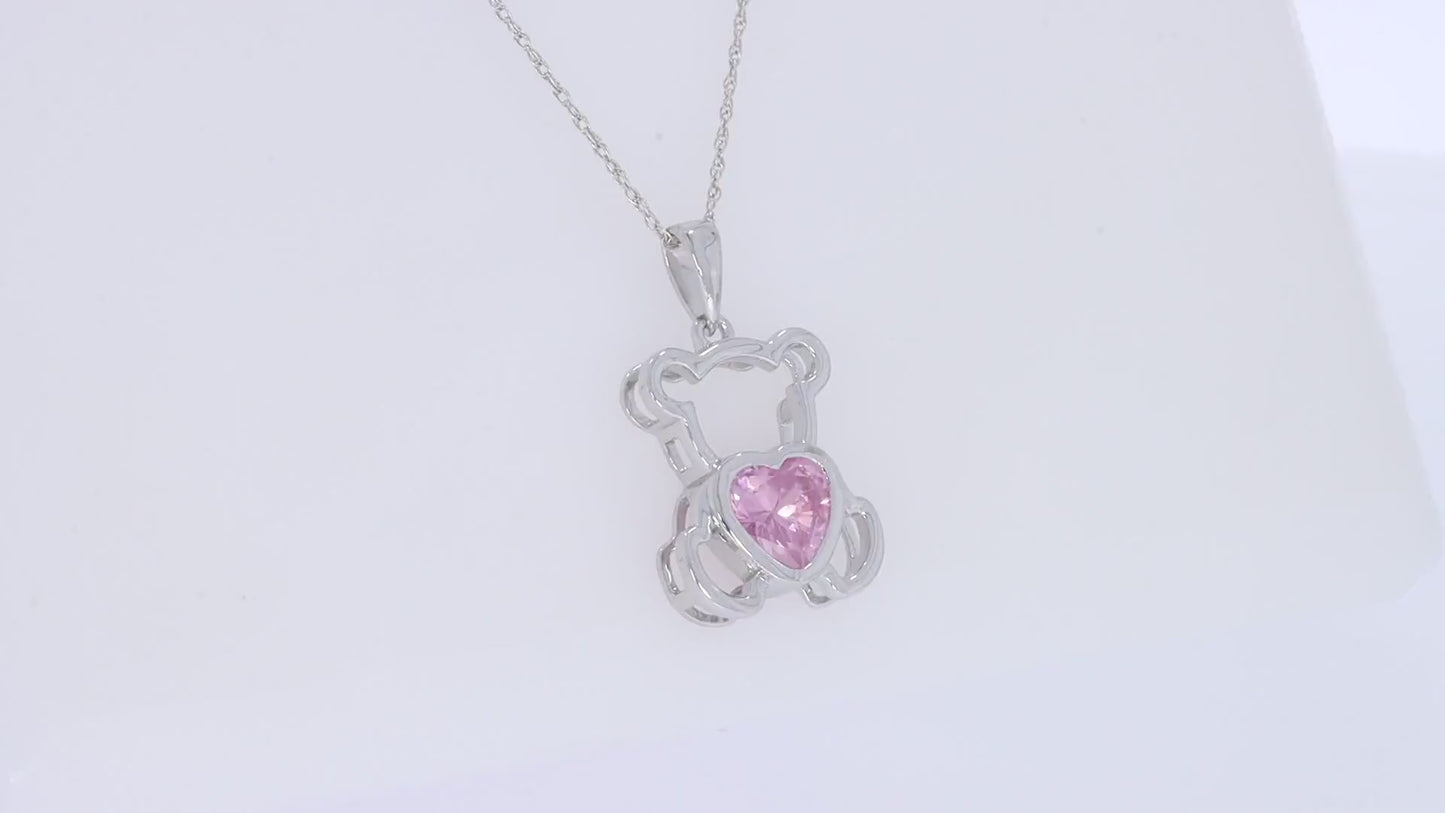 Load and play video in Gallery viewer, Heart Shape Simulated Birthstone Cute Teddy Bear Pendant Necklace For Women In 925 Sterling Silver
