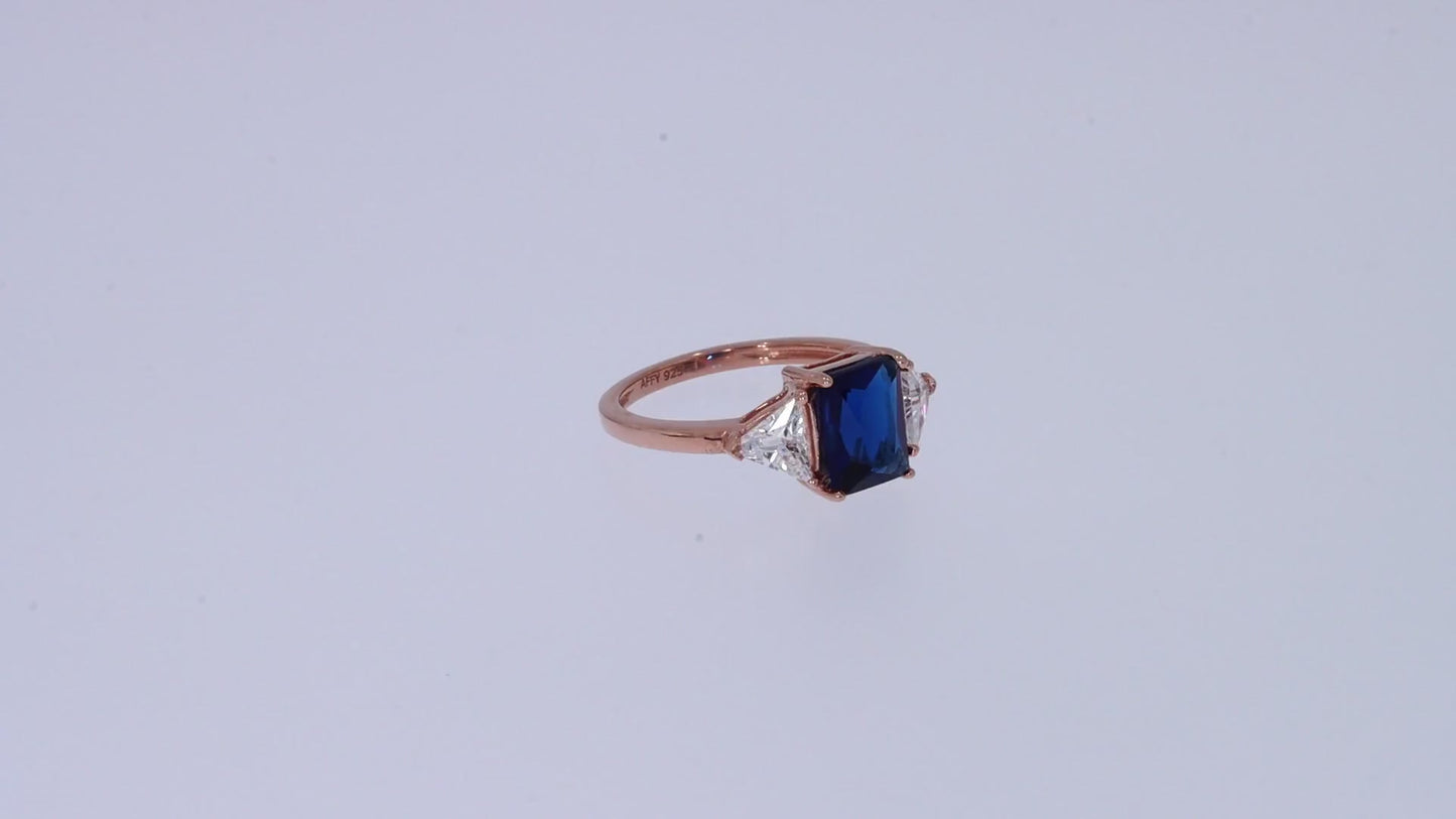 14k Gold Plated 925 Sterling Silver Emerald Cut Blue Sapphire With Trillion White Topaz Ring for Women Statement Jewelry Gift For Her