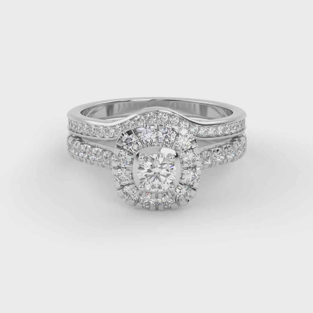 IGI Certified Round Shape Half Eternity Halo Solitaire Bridal Set Ring