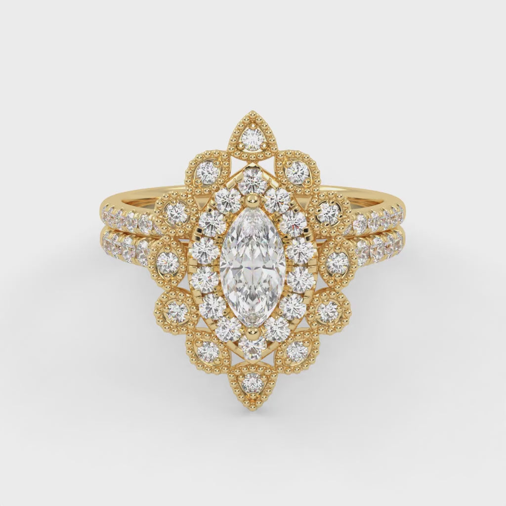 IGI Certified Marquise Halo Beaded Bridal Set Ring