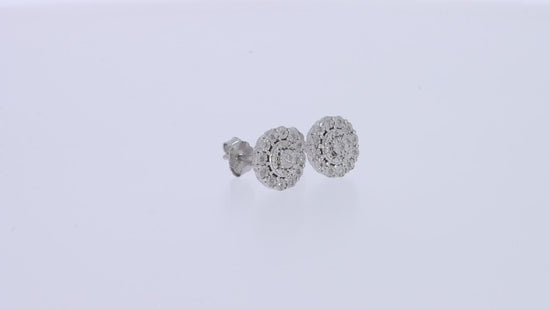 Load and play video in Gallery viewer, Round Cut White Natural Diamond Halo Cluster Stud Earrings in 925 Sterling Silver (0.10 Cttw)
