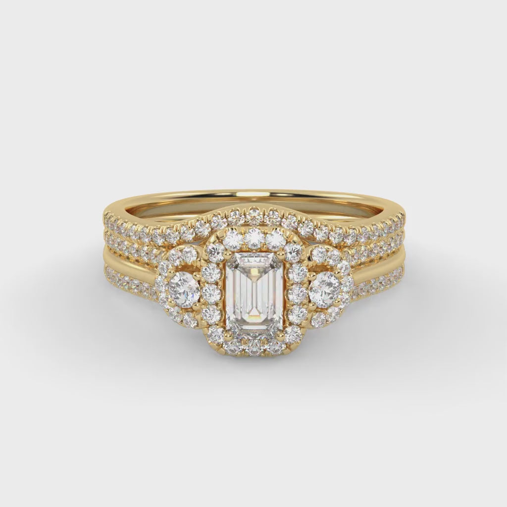 IGI Certified Three Stone Halo Bridal Set Ring