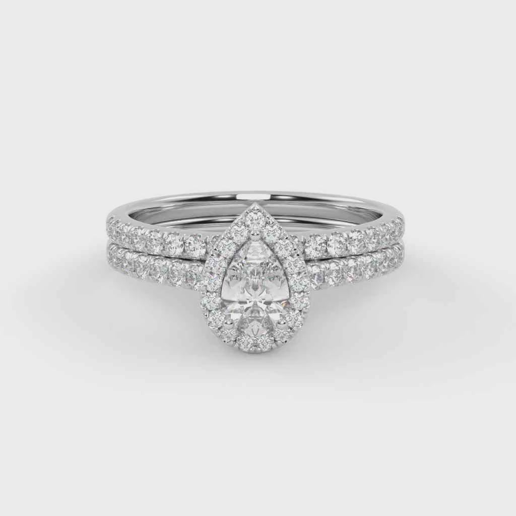 Pear Cut 0.80 Carat Lab Grown Diamond Half Eternity Teardrop Halo Solitaire Bridal Set Ring