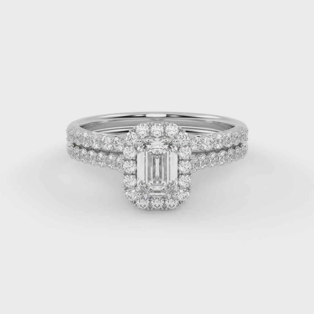 Emerald Cut 1.20 Carat Lab Grown Diamond Half Eternity Halo Solitaire Bridal Set Ring
