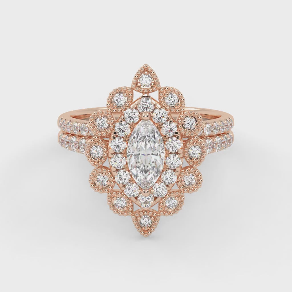 IGI Certified Marquise Halo Beaded Bridal Set Ring