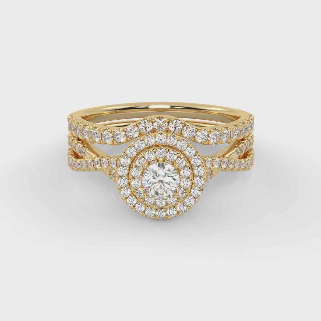 Round Cut 0.80 Carat Lab Grown Diamond Twisted Infinity Double Halo Solitaire Bridal Set Ring