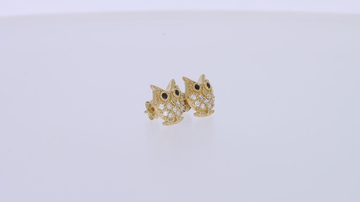 Load and play video in Gallery viewer, Round Shape White &amp;amp; Black Cubic Zirconia Owl Stud Earrings in 925 Sterling Silver
