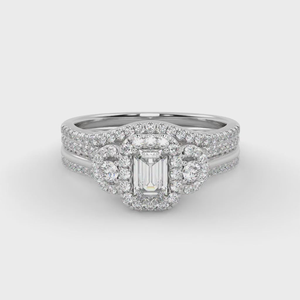 IGI Certified Three Stone Halo Bridal Set Ring
