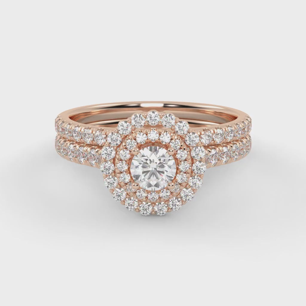 IGI Certified Round Cut 1.00 Carat Lab Grown Diamond Double Halo Solitaire Bridal Set Ring