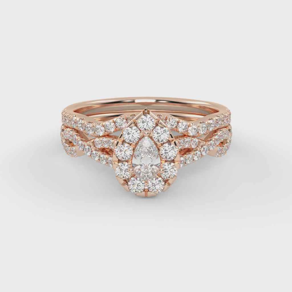 Pear Cut 1.00 Carat Lab Grown Diamond Twisted Infinity Halo Solitaire Bridal Set Ring