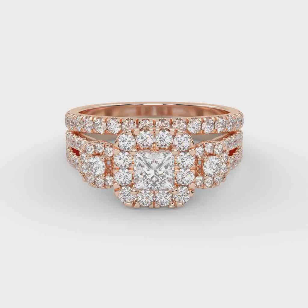 IGI Certified Princess Cut 3 Stone Halo Solitaire Bridal Set Ring