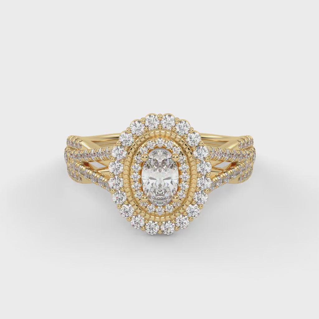 IGI Certified 1.00 Carat Oval & Round Twisted Shank Double Halo Ring